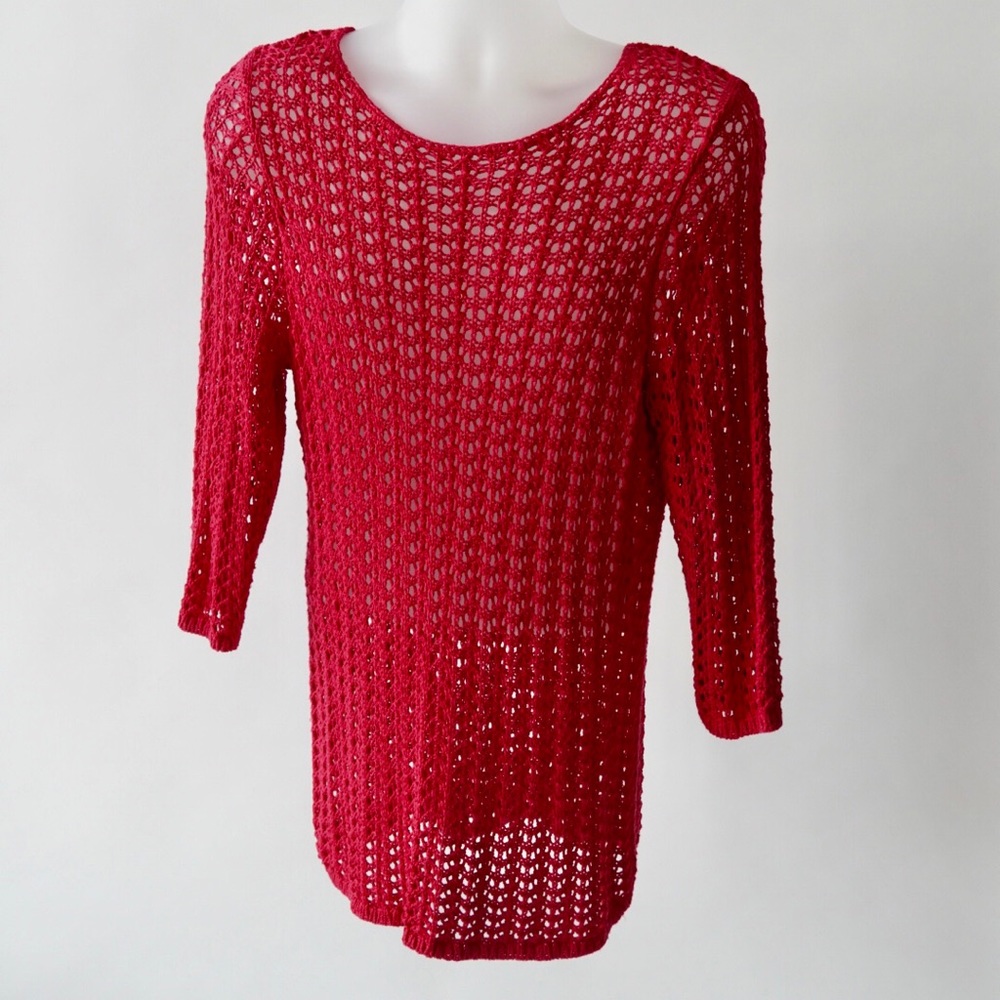 ⚡️🎄NWOT red Chico’s open weave sweater. Size 2 = size 12/14. Perfect holiday top